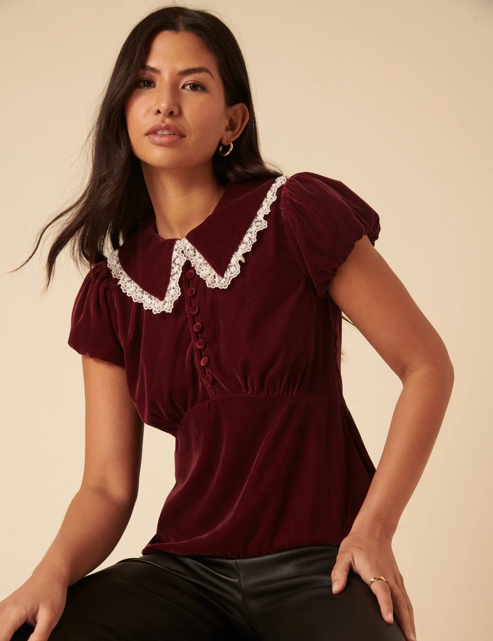 Burgundy Velvet Lace Trim Collar Top sold by Nobody's Child product image thumbnail 2