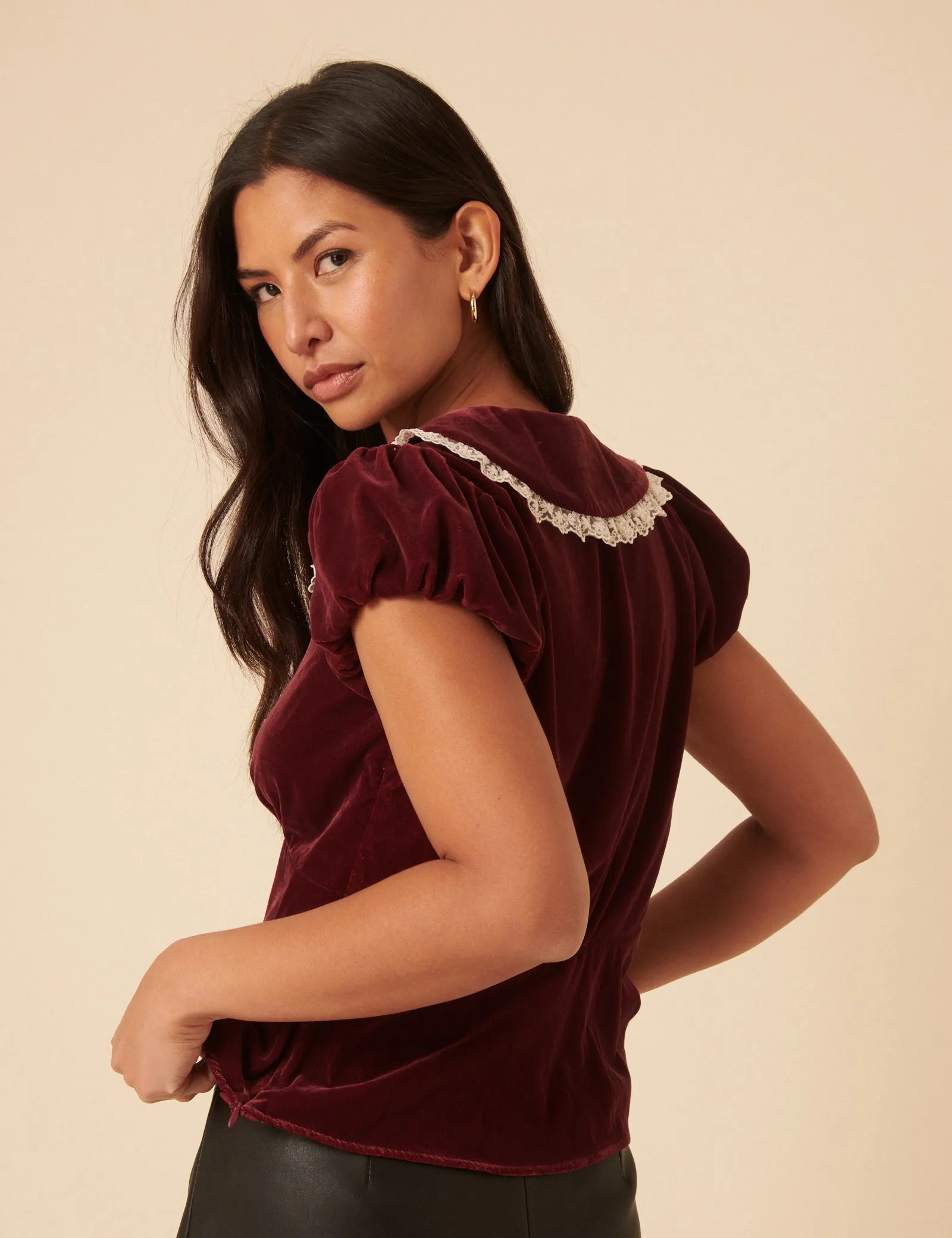 Burgundy Velvet Lace Trim Collar Top sold by Nobody's Child product image thumbnail 5