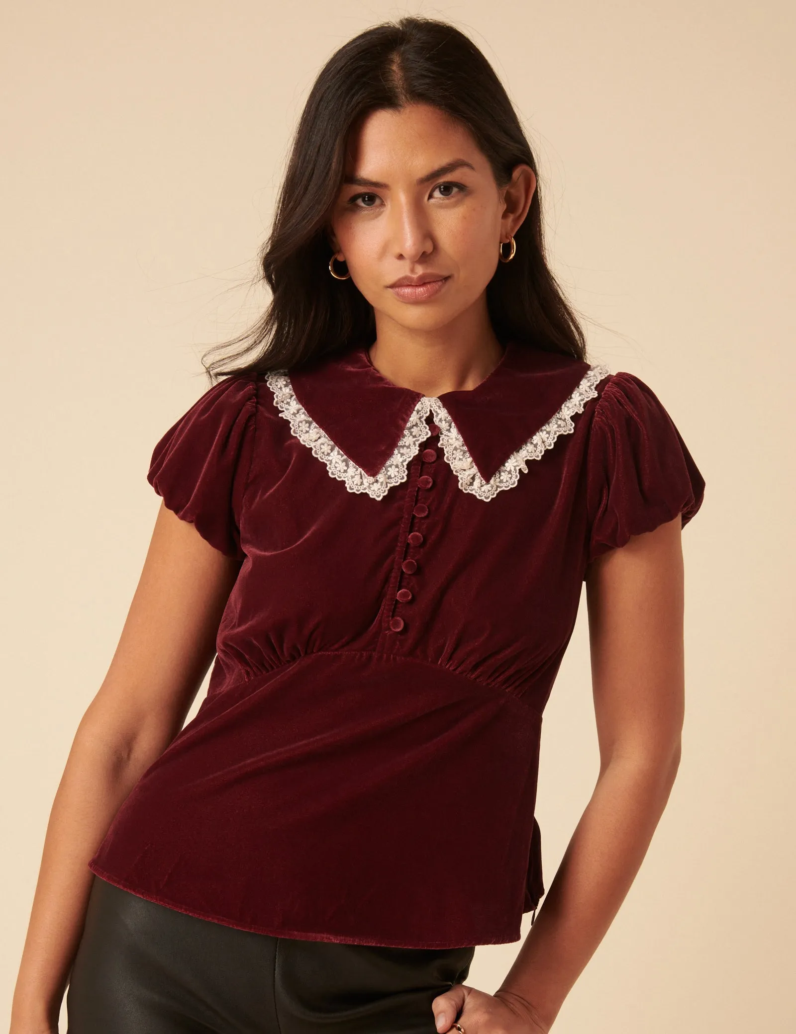Burgundy Velvet Lace Trim Collar Top sold by Nobody's Child