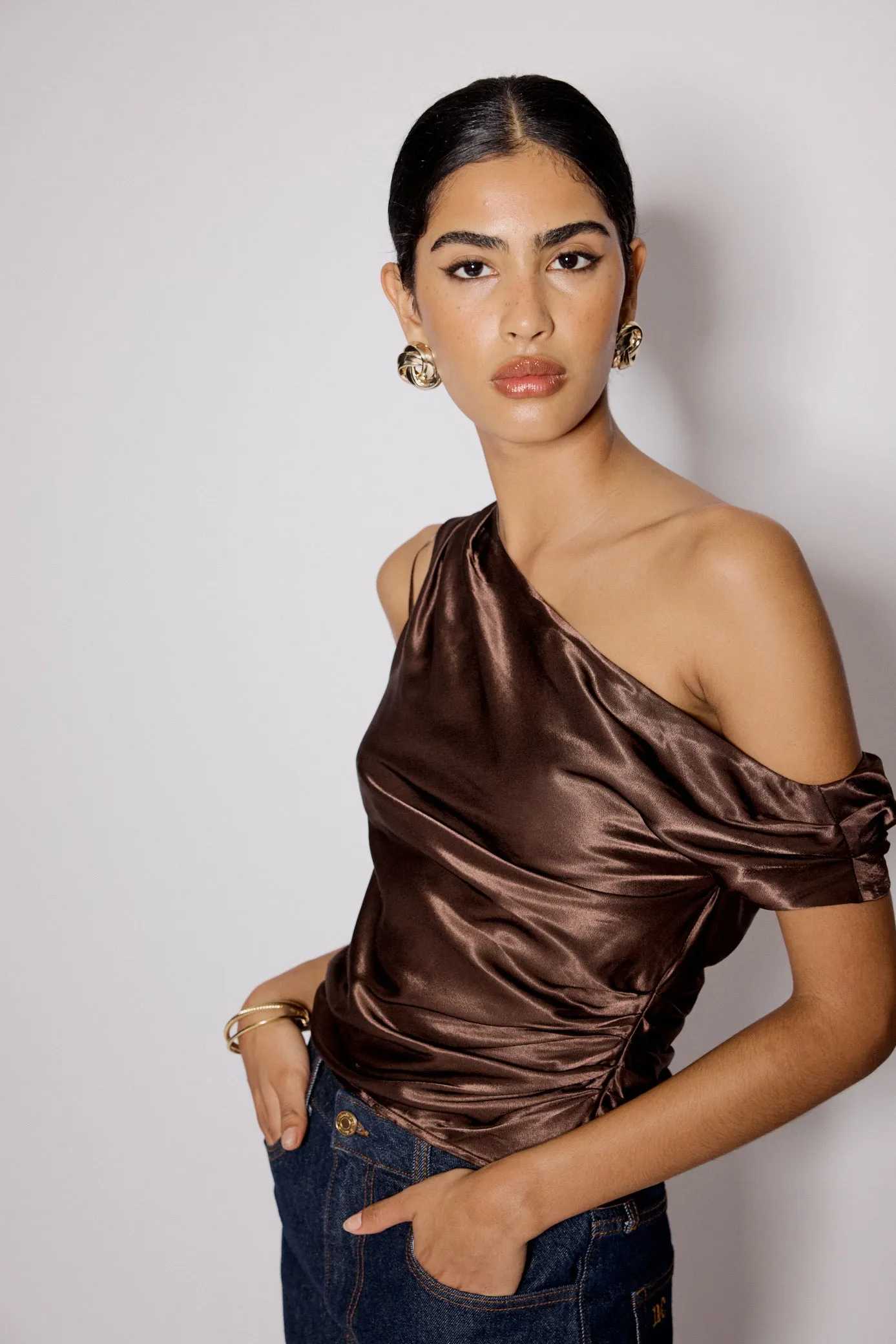 Brown Satin Asymmetric Top sold by Nobody's Child
