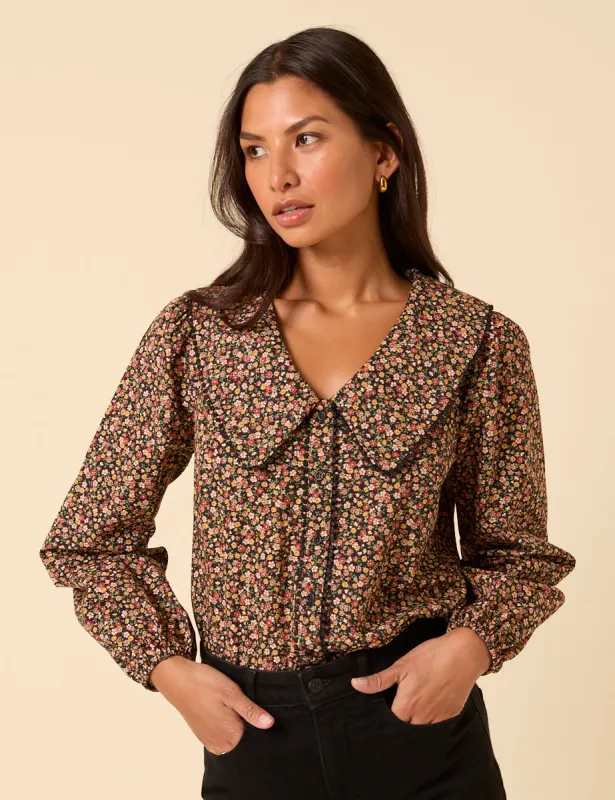 Black Ditsy Floral Peter Pan Collar Blouse sold by Nobody's Child