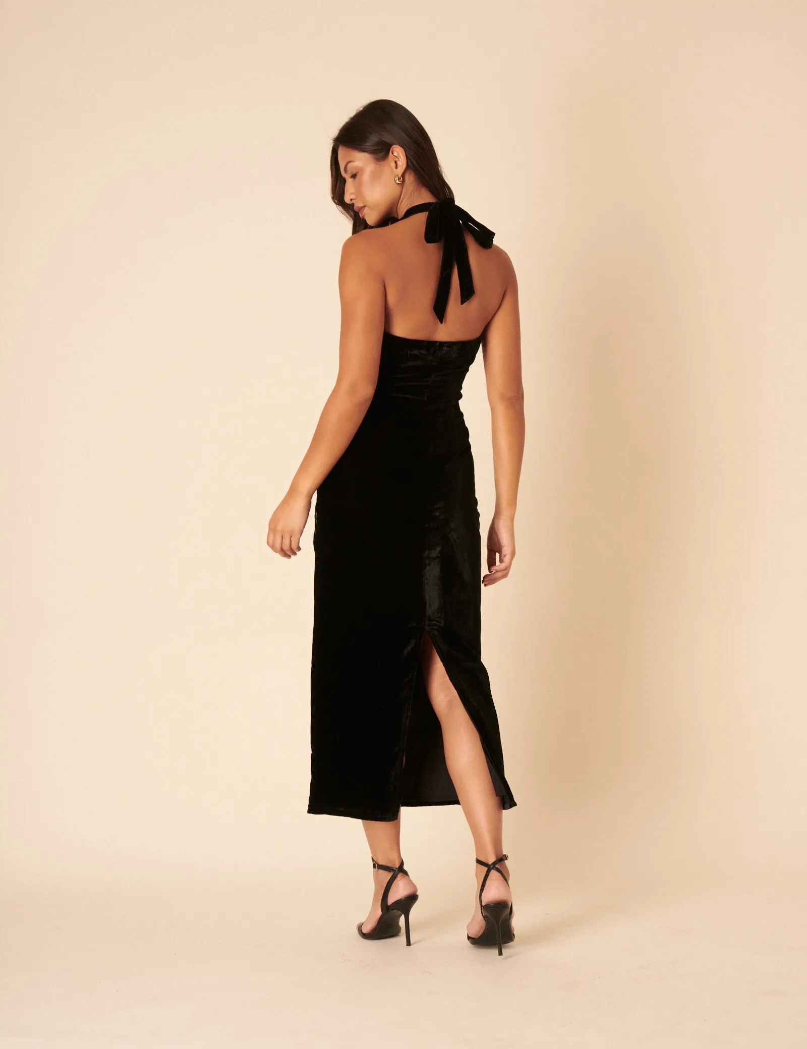 Black Velvet Floral Halter Neck Alexandra Midi Dress sold by Nobody's Child product image thumbnail 5