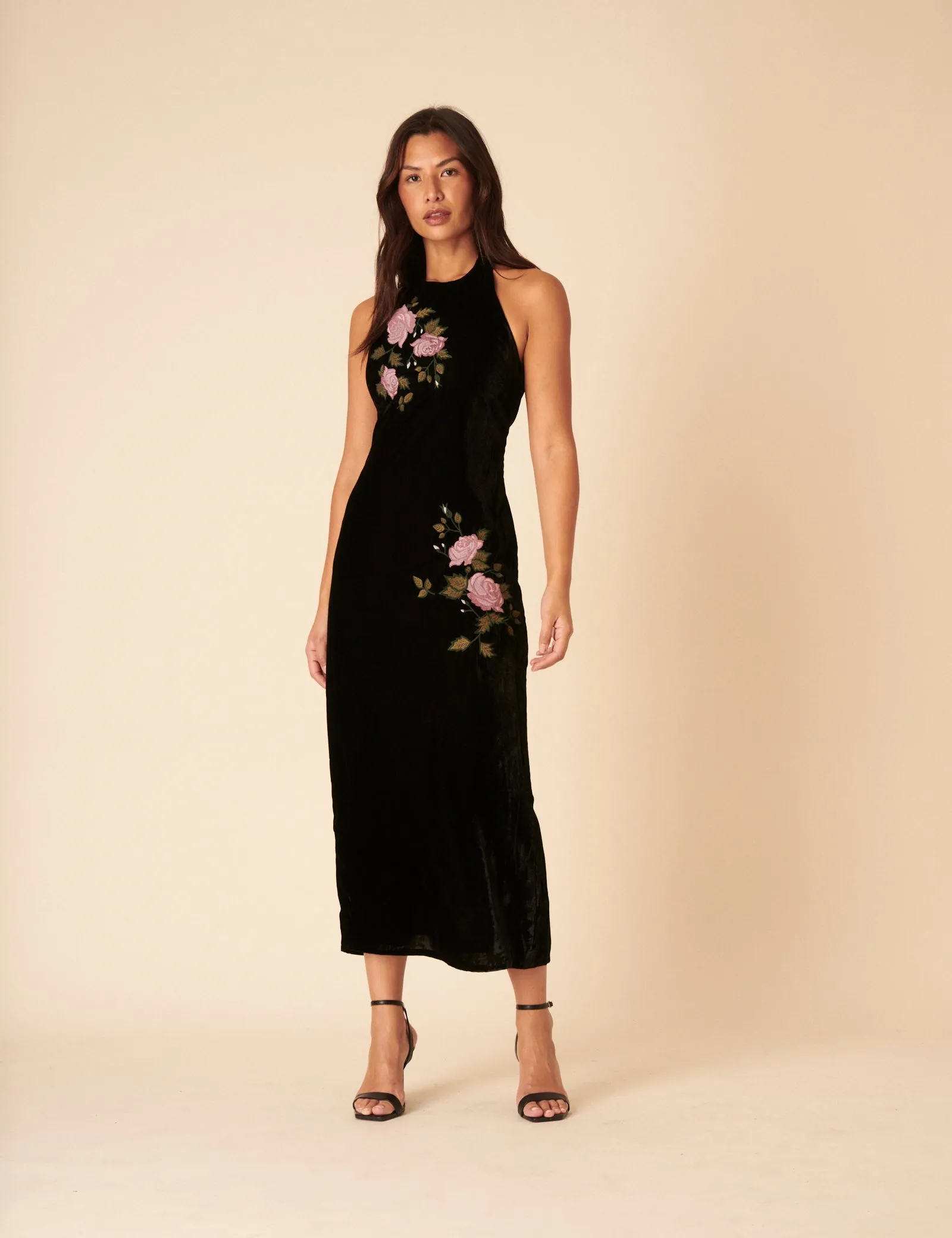 Black Velvet Floral Halter Neck Alexandra Midi Dress sold by Nobody's Child
