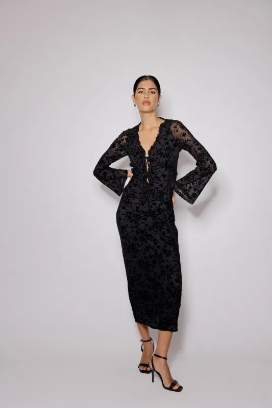 Black Floral Jaquard Maxi Skirt sold by Nobody's Child
