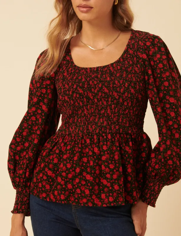 Red Floral Shirred Balloon Sleeve Top sold by Nobody's Child