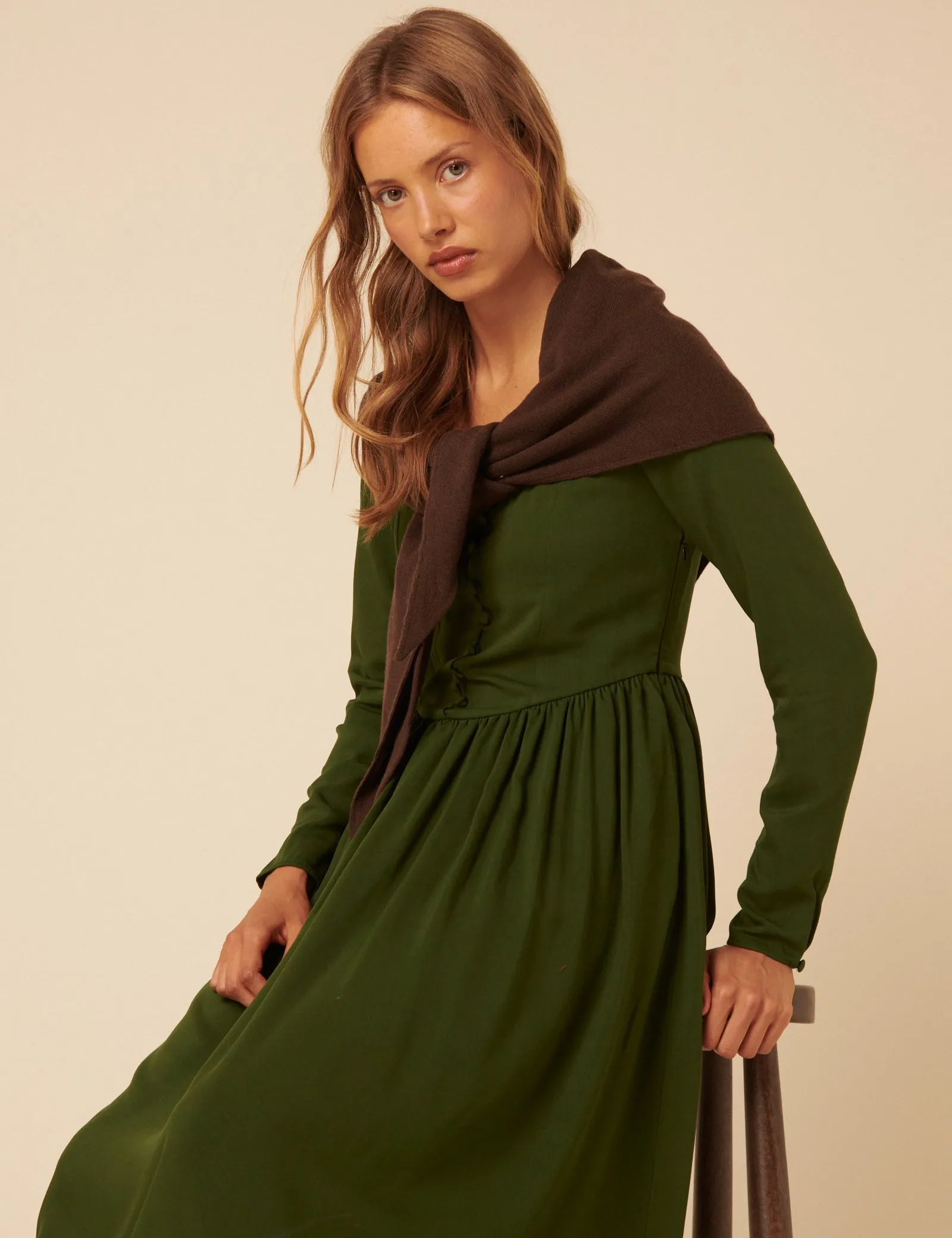 Green Long Sleeve Cora Midi Dress sold by Nobody's Child