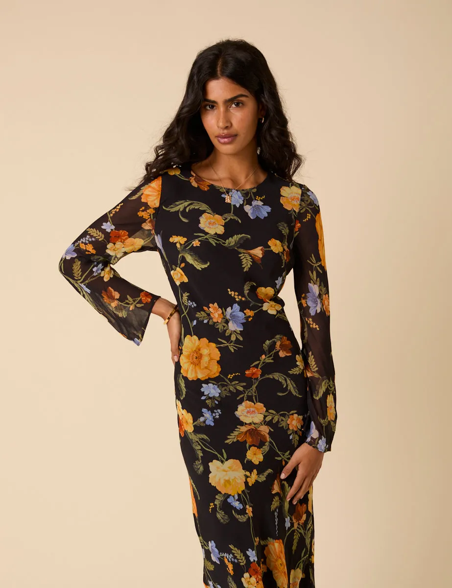 Black Floral Long Sleeve Clarissa Midi Dress sold by Nobody's Child product image thumbnail 5