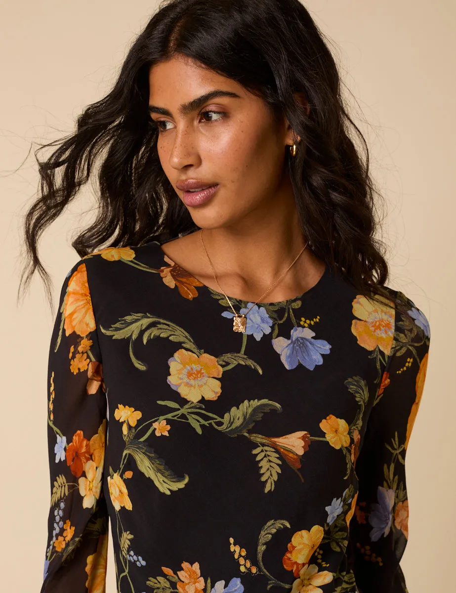 Black Floral Long Sleeve Clarissa Midi Dress sold by Nobody's Child product image thumbnail 4