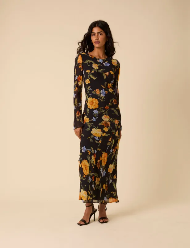 Black Floral Long Sleeve Clarissa Midi Dress sold by Nobody's Child