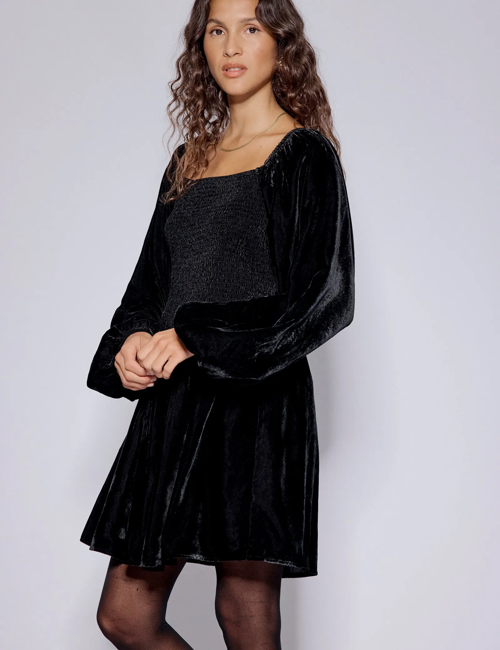 Black Velvet Balloon Sleeve Jupiter Mini Dress sold by Nobody's Child