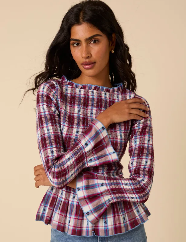 Burgundy Checked Shirred Long Sleeve Top sold by Nobody's Child