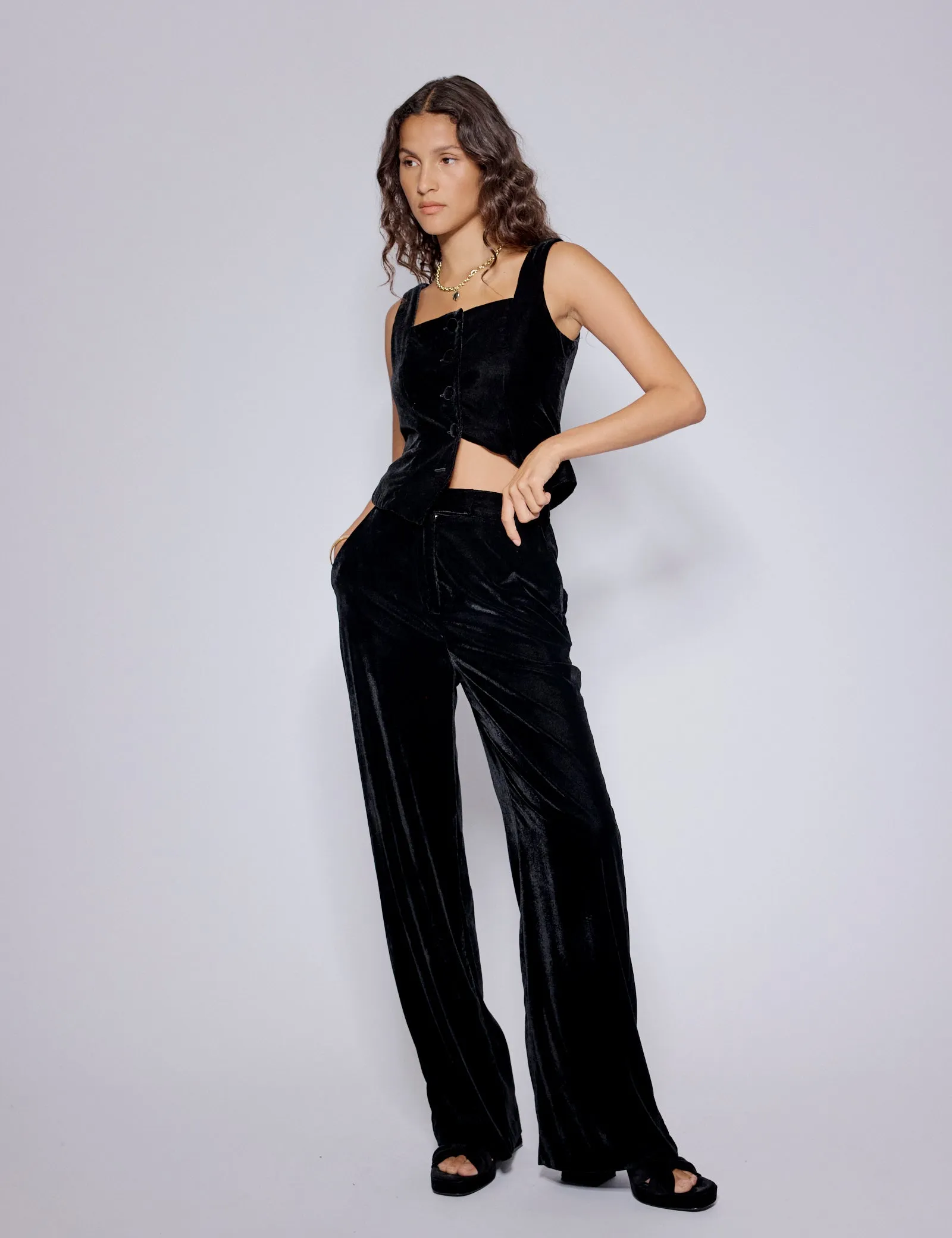Black Velvet Straight Leg Trousers sold by Nobody's Child