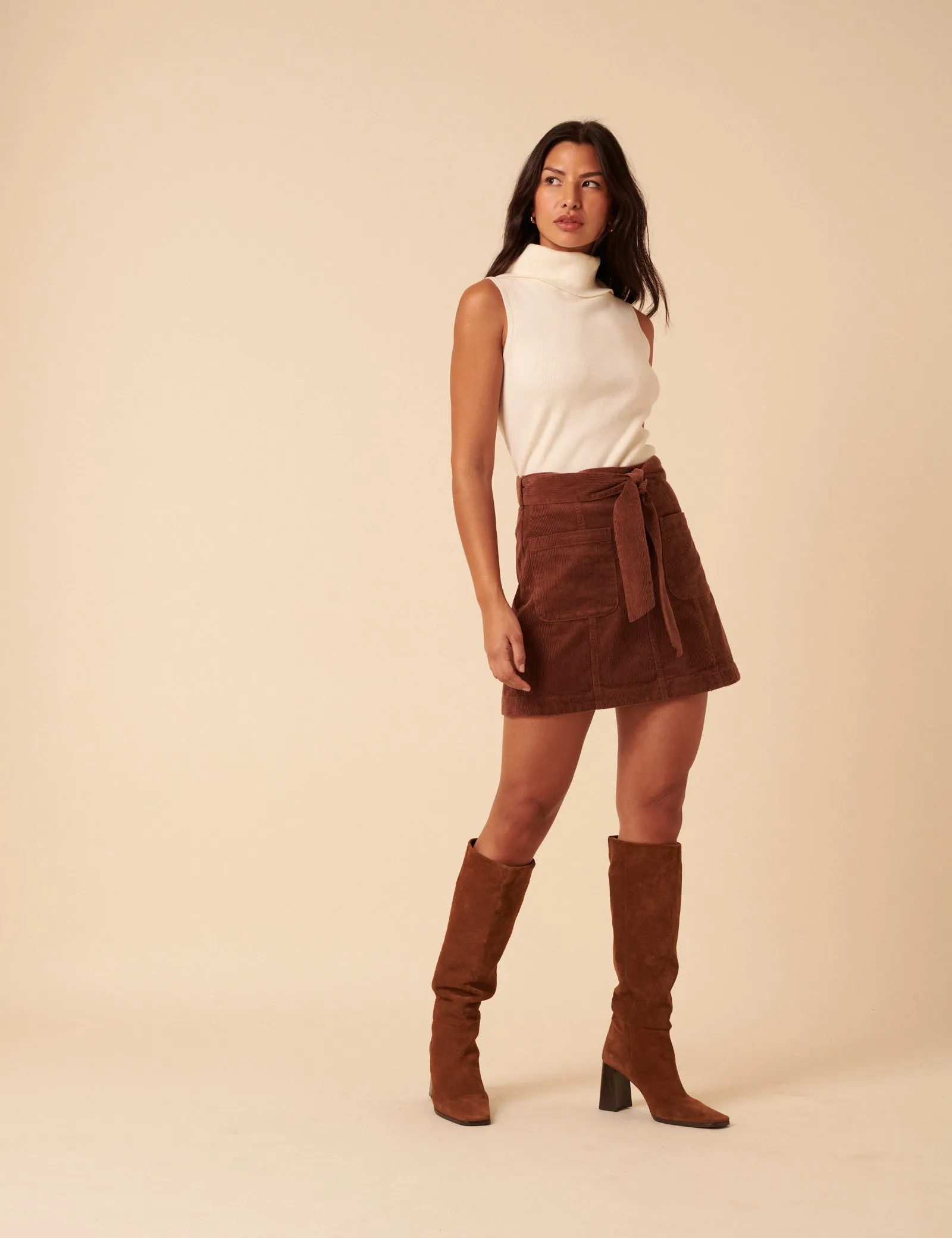 Brown Cord Tie Waist Mini Skirt sold by Nobody's Child