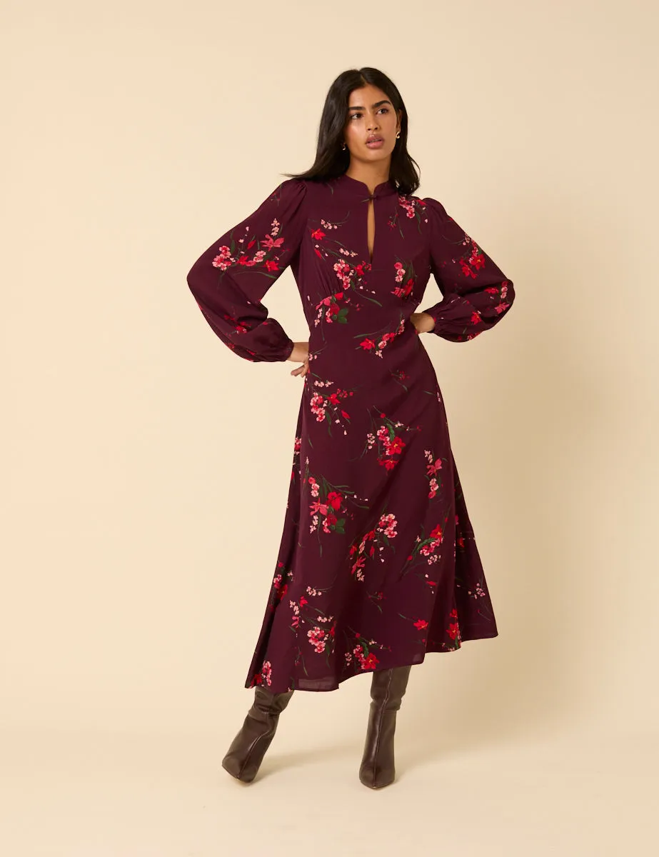Burgundy Floral Long Sleeve Mila Midi Dress sold by Nobody's Child product image thumbnail 3
