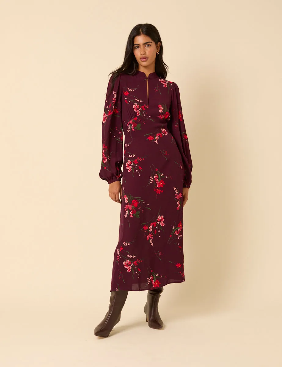 Burgundy Floral Long Sleeve Mila Midi Dress sold by Nobody's Child