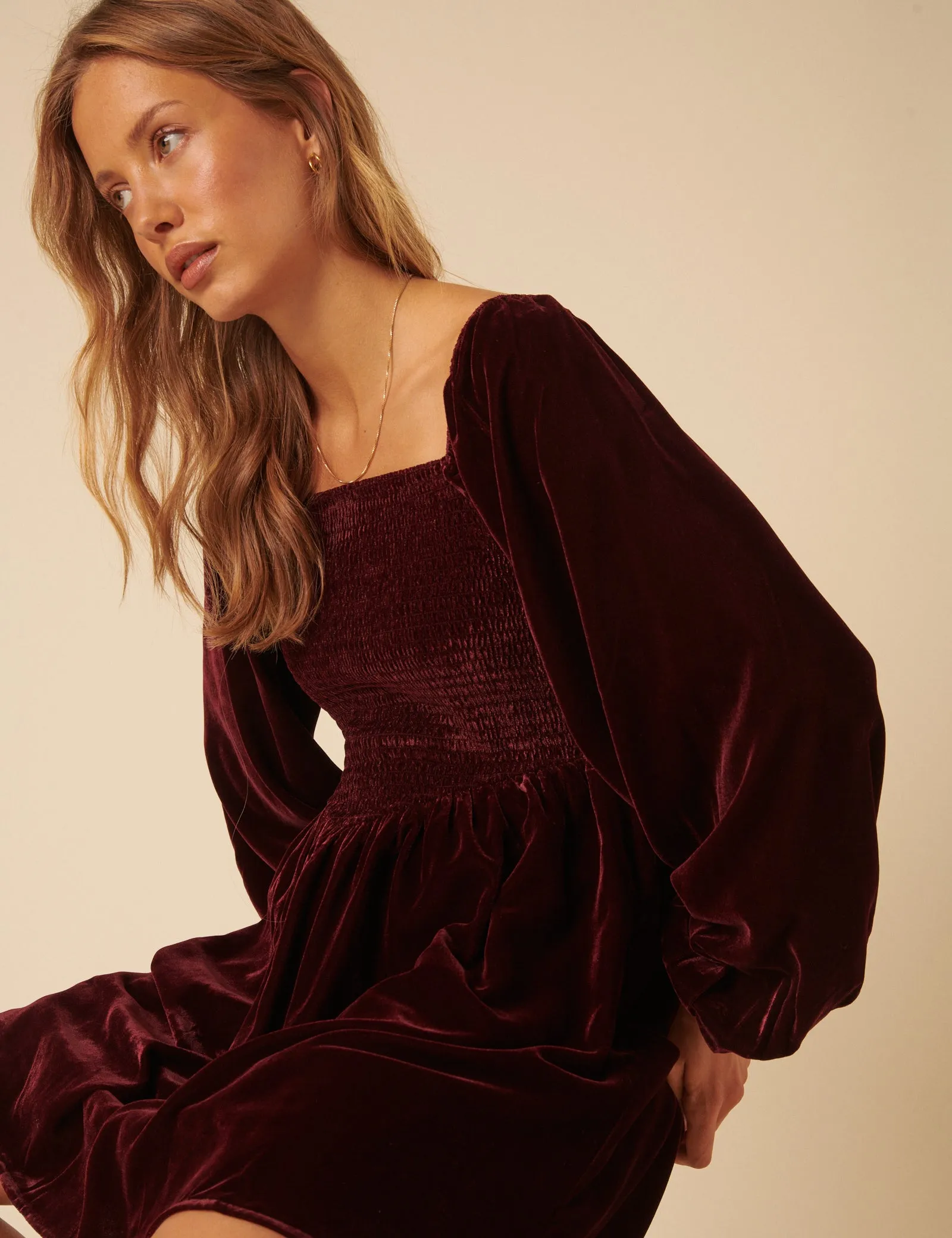 Burgundy Velvet Balloon Sleeve Jupiter Mini Dress sold by Nobody's Child product image thumbnail 4