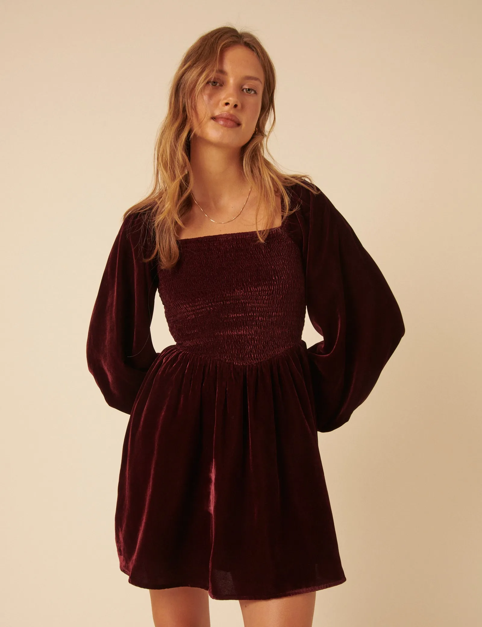 Burgundy Velvet Balloon Sleeve Jupiter Mini Dress sold by Nobody's Child
