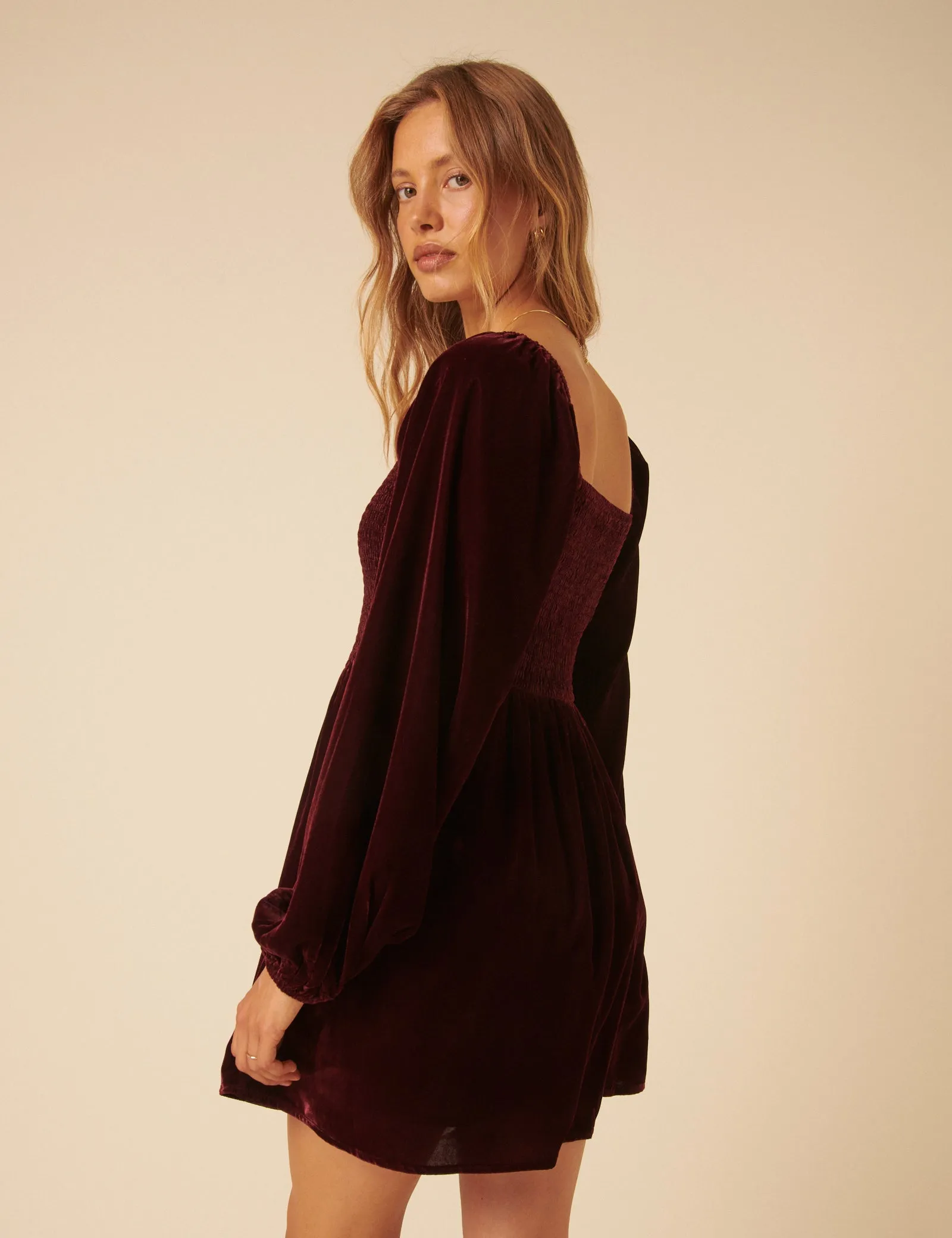 Burgundy Velvet Balloon Sleeve Jupiter Mini Dress sold by Nobody's Child product image thumbnail 5