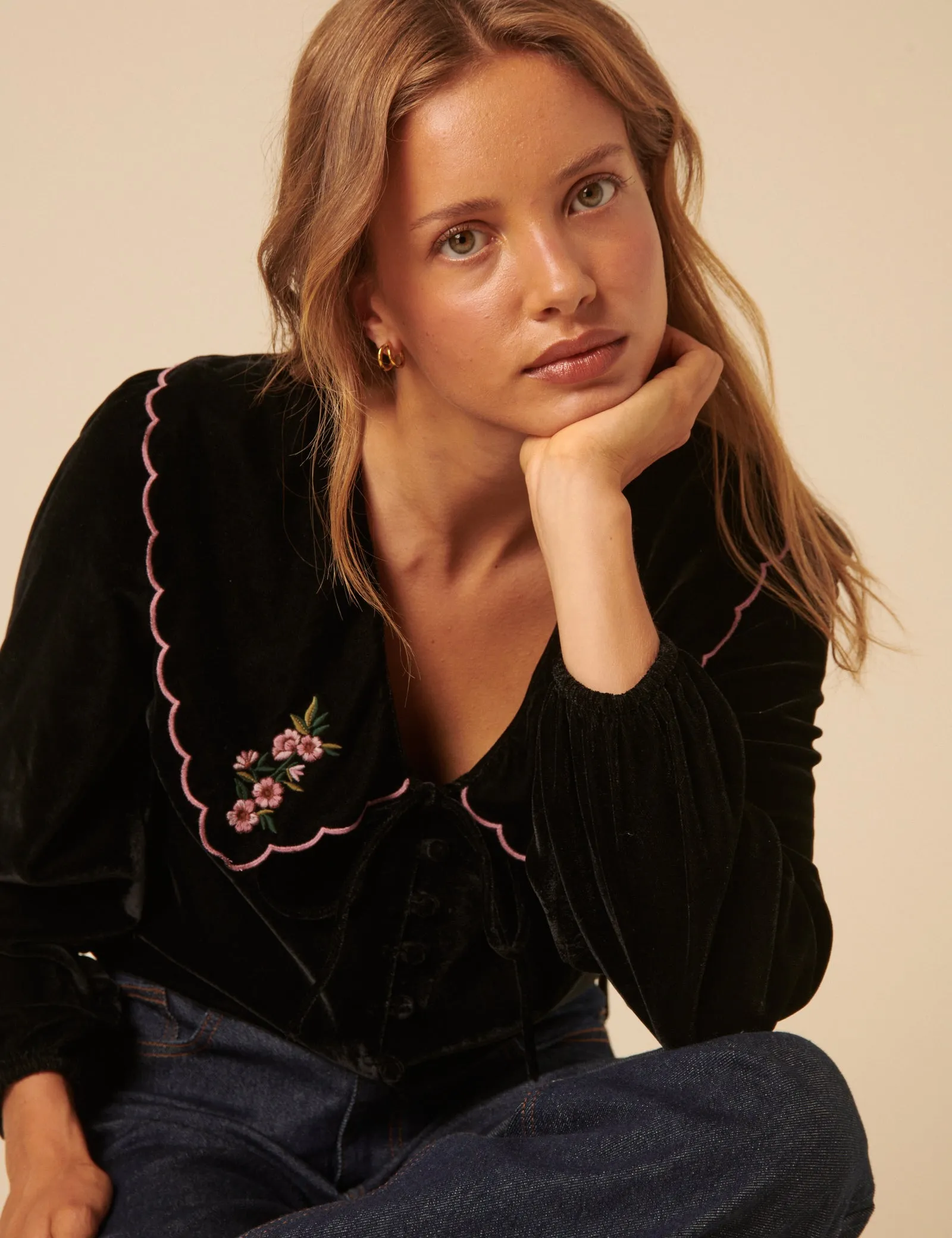 Black Floral Collared Velvet Birdie Blouse sold by Nobody's Child product image thumbnail 3