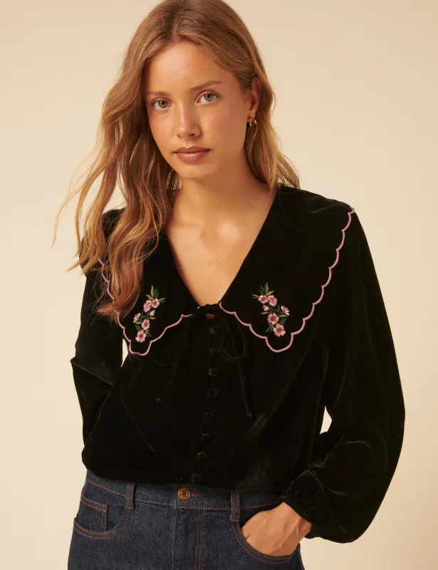 Black Floral Collared Velvet Birdie Blouse sold by Nobody's Child