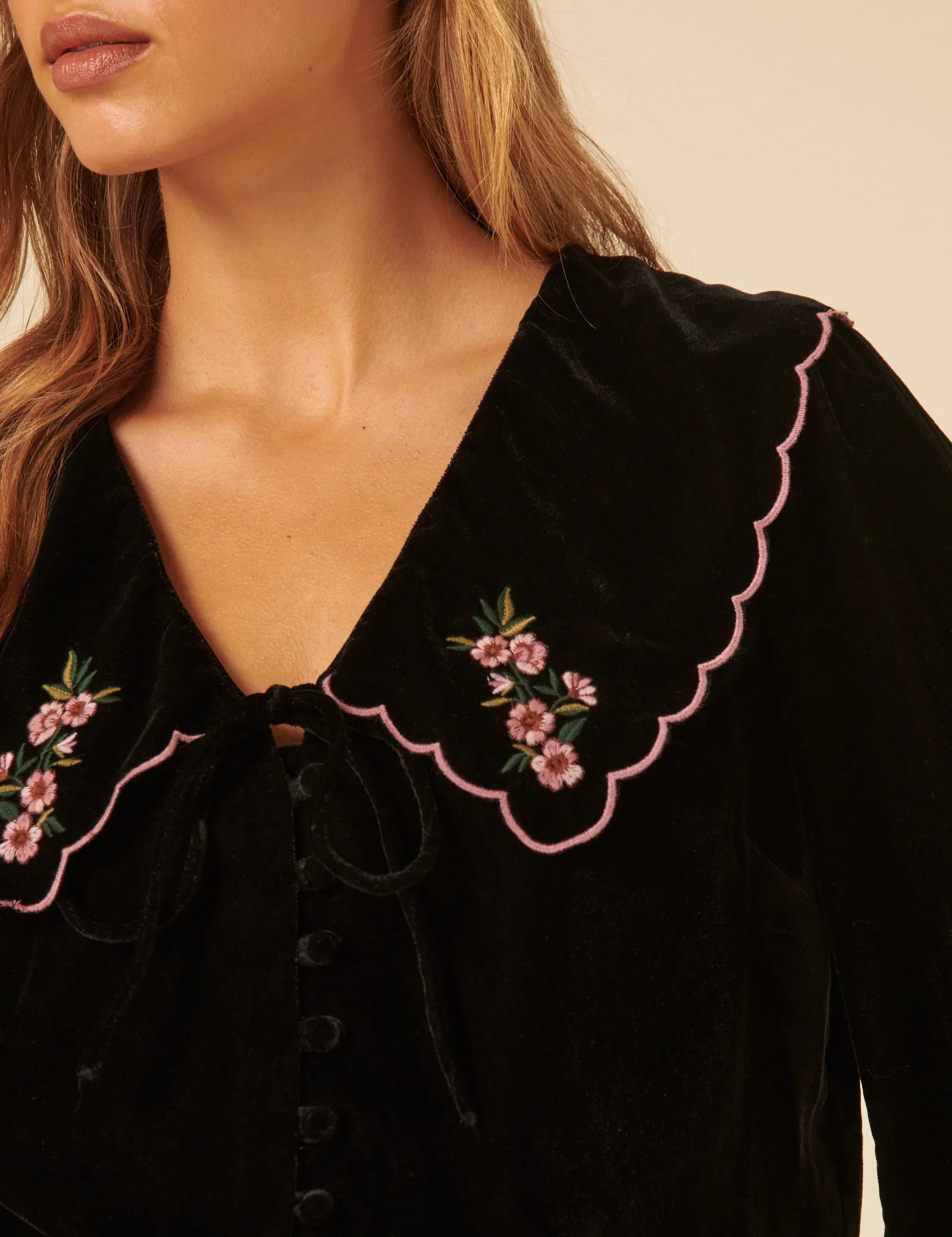 Black Floral Collared Velvet Birdie Blouse sold by Nobody's Child product image thumbnail 2