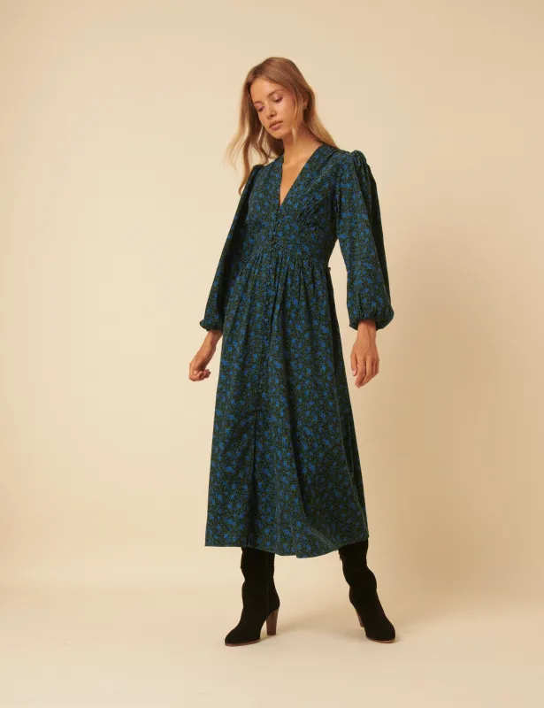Blue Floral Printed Long Sleeve Starlight Midi Dress sold by Nobody's Child