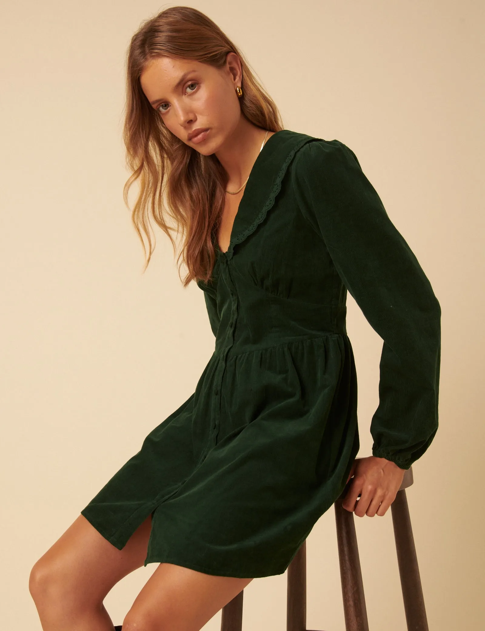 Green Cord Peter Pan Collar Meghan Mini Dress sold by Nobody's Child product image thumbnail 3