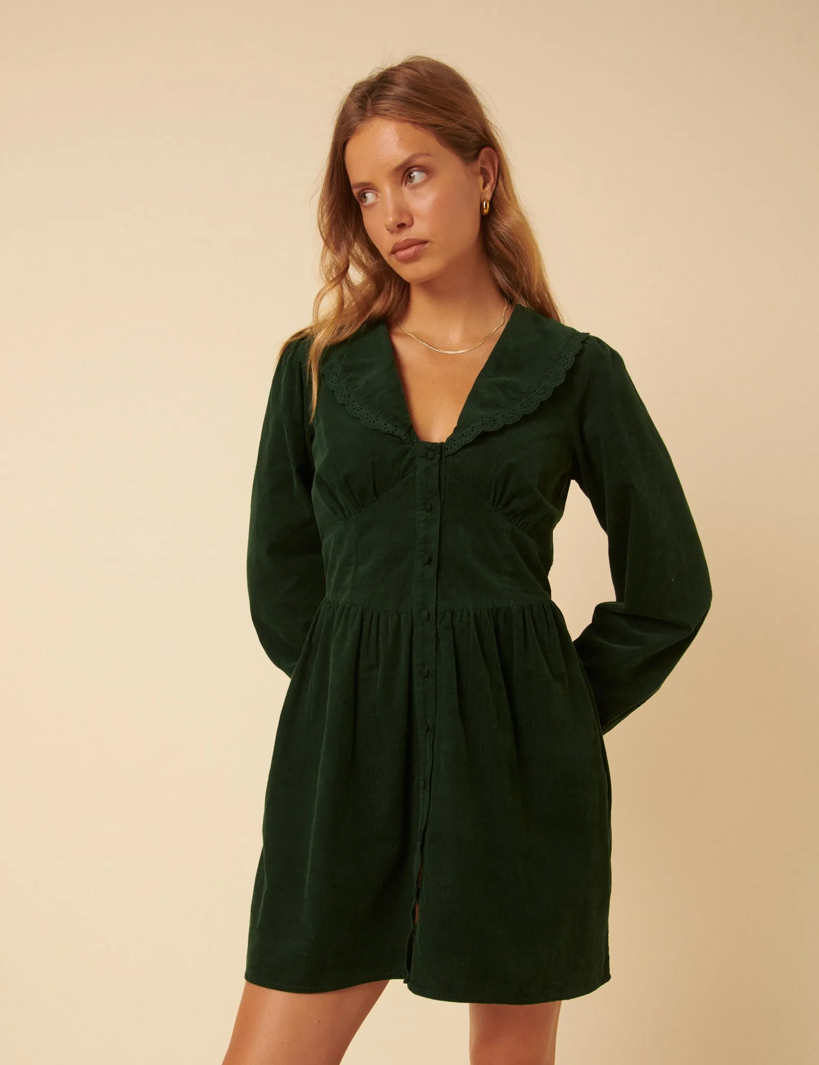 Green Cord Peter Pan Collar Meghan Mini Dress sold by Nobody's Child