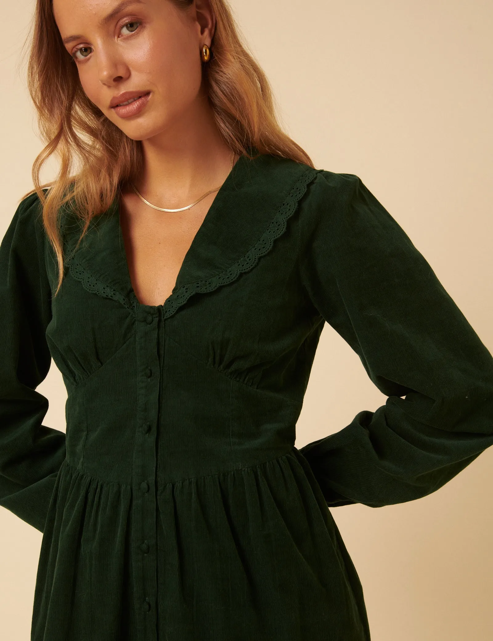 Green Cord Peter Pan Collar Meghan Mini Dress sold by Nobody's Child product image thumbnail 2