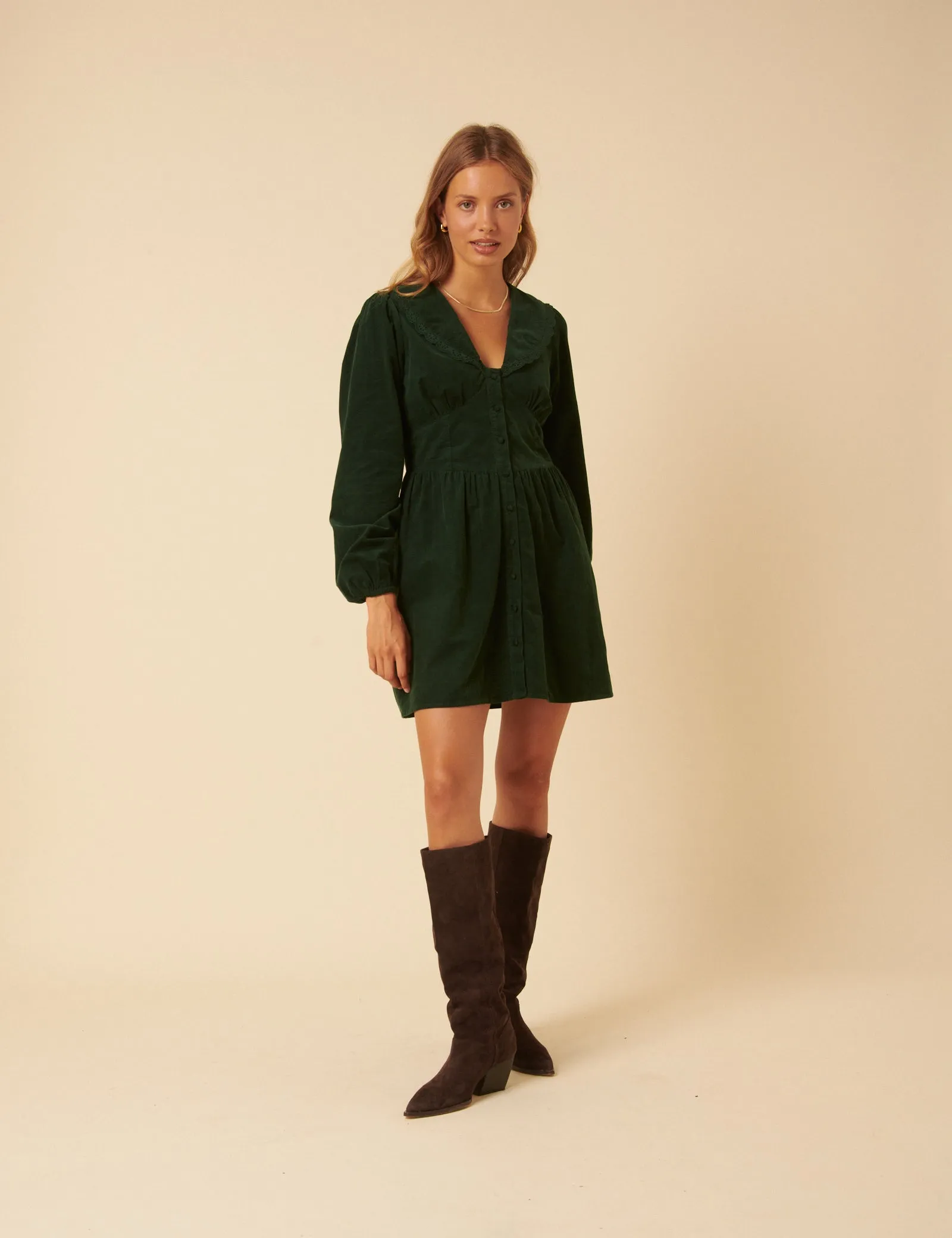Green Cord Peter Pan Collar Meghan Mini Dress sold by Nobody's Child product image thumbnail 4