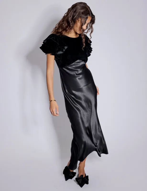 Black Velvet & Satin Mix Lola Midi Dress sold by Nobody's Child
