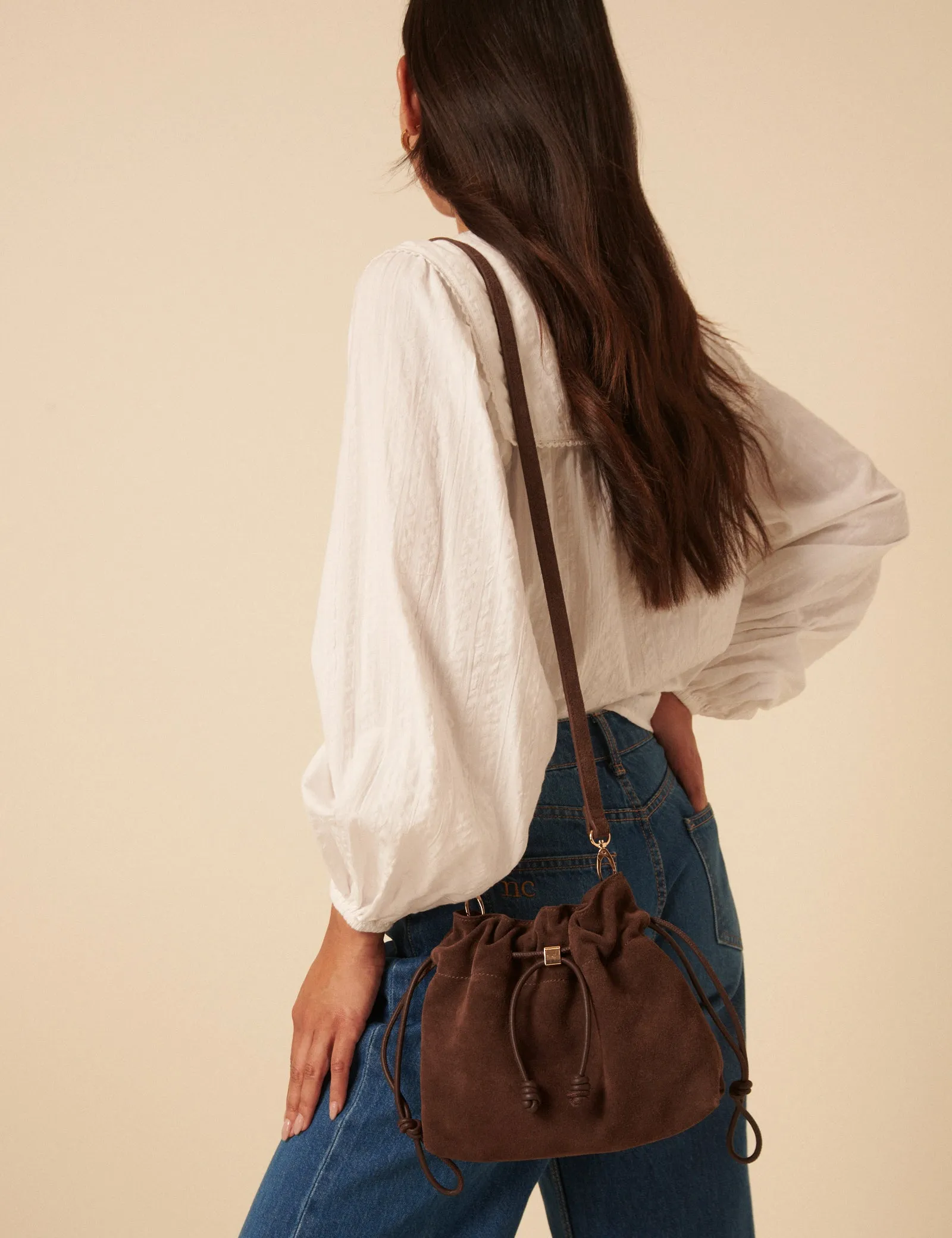 Brown Suede Drawstring Pouch Bag sold by Nobody's Child product image thumbnail 2