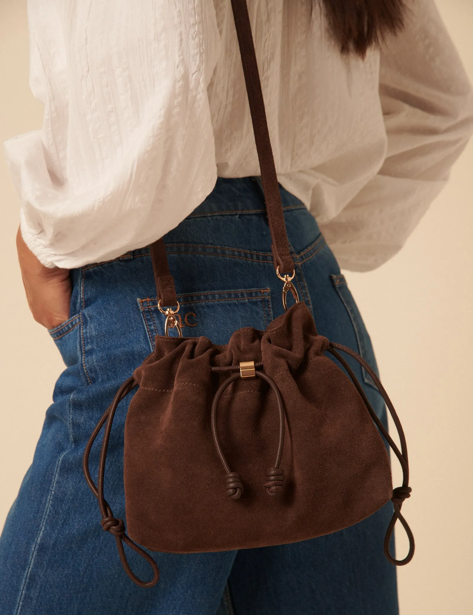 Brown Suede Drawstring Pouch Bag sold by Nobody's Child product image thumbnail 5