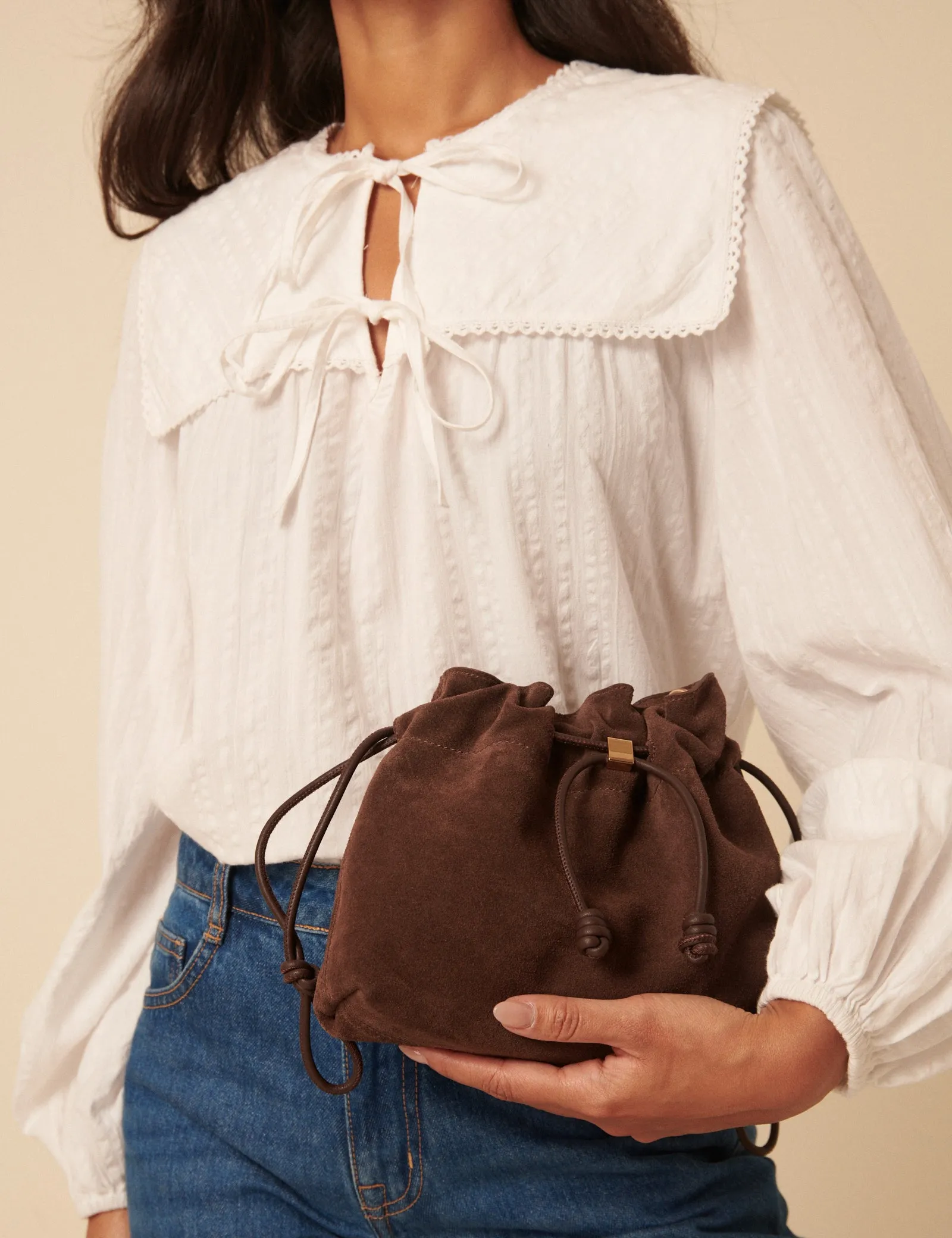 Brown Suede Drawstring Pouch Bag sold by Nobody's Child product image thumbnail 4