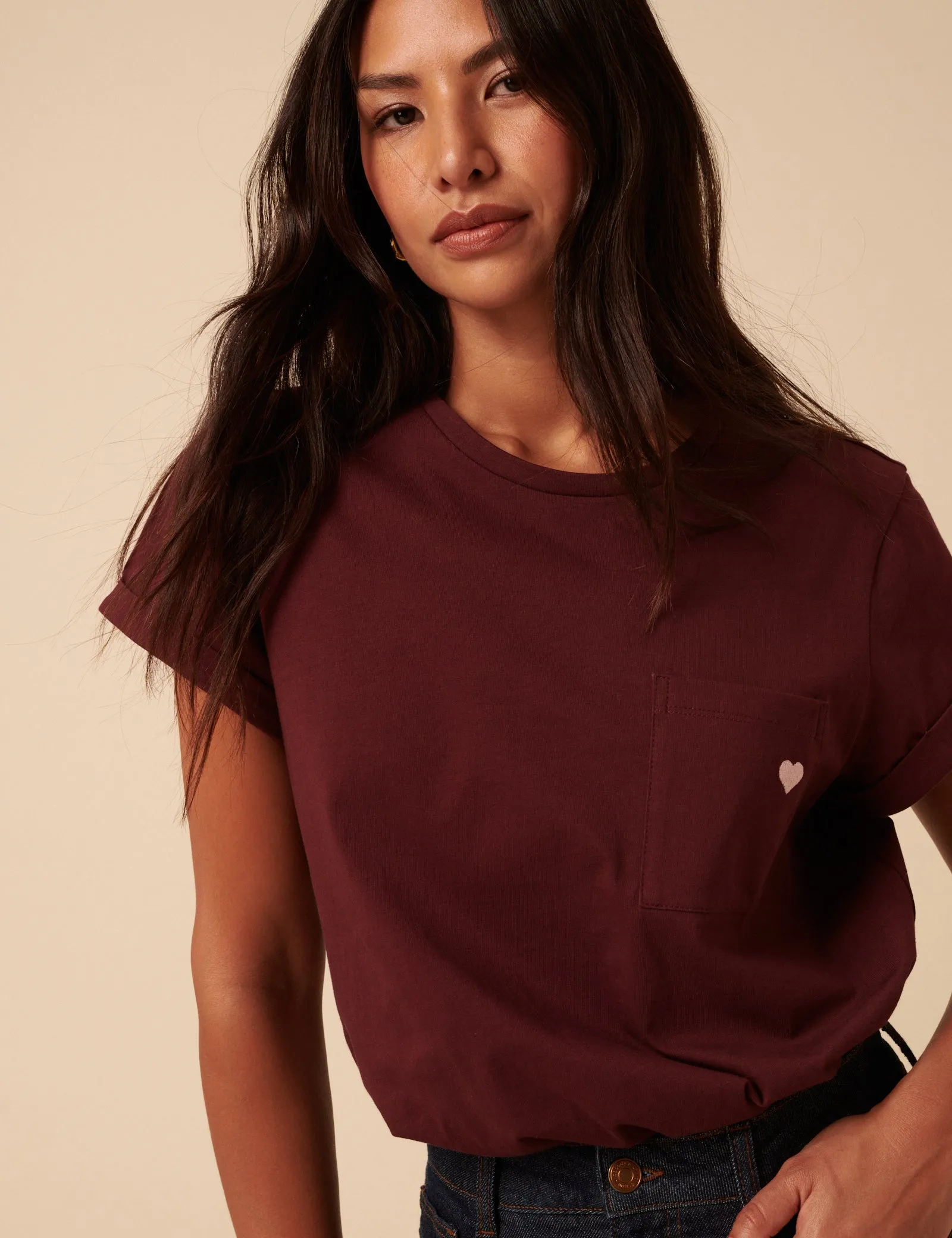 Burgundy Heart Embroidered T-Shirt sold by Nobody's Child