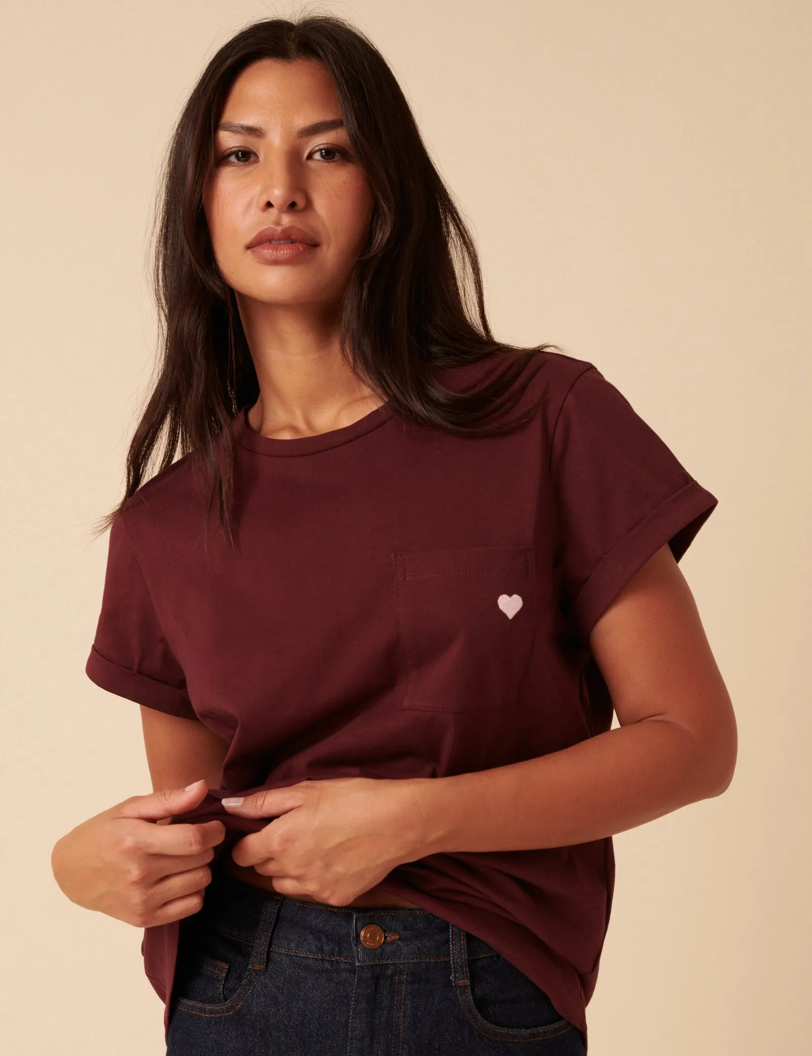 Burgundy Heart Embroidered T-Shirt sold by Nobody's Child product image thumbnail 2
