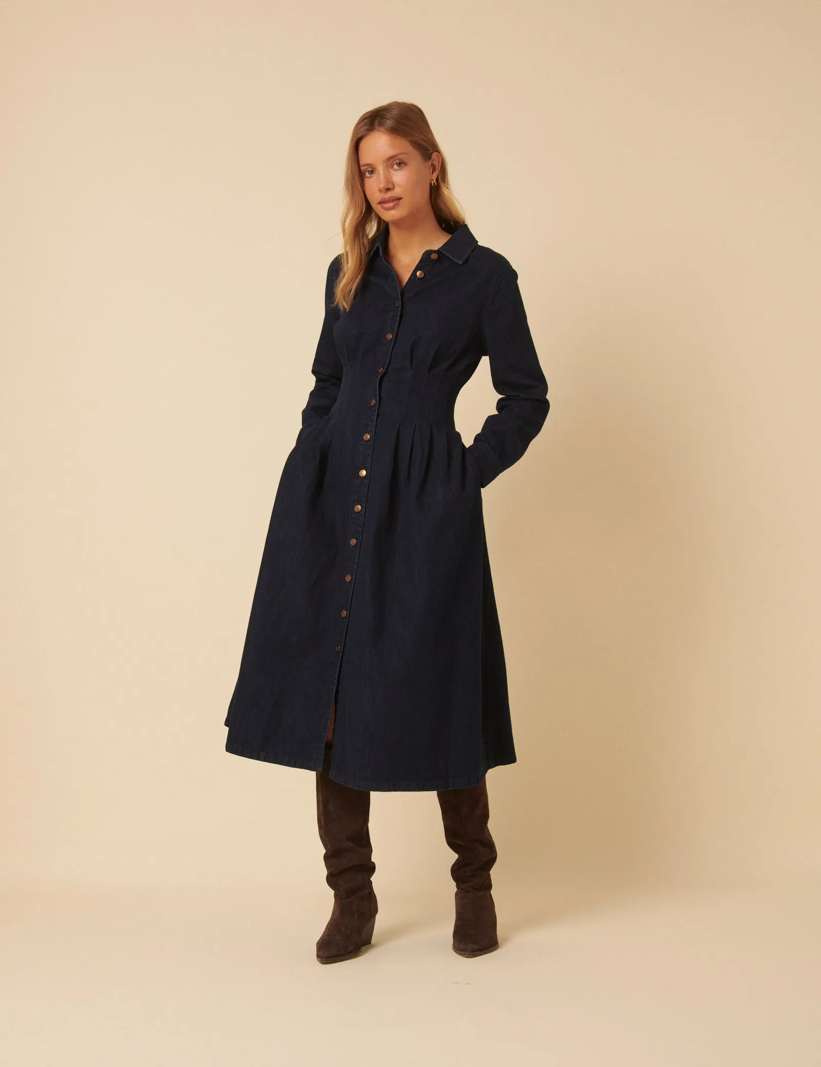 Dark Denim Tucked Waist Kinsley Shirt Dress sold by Nobody's Child product image thumbnail 4