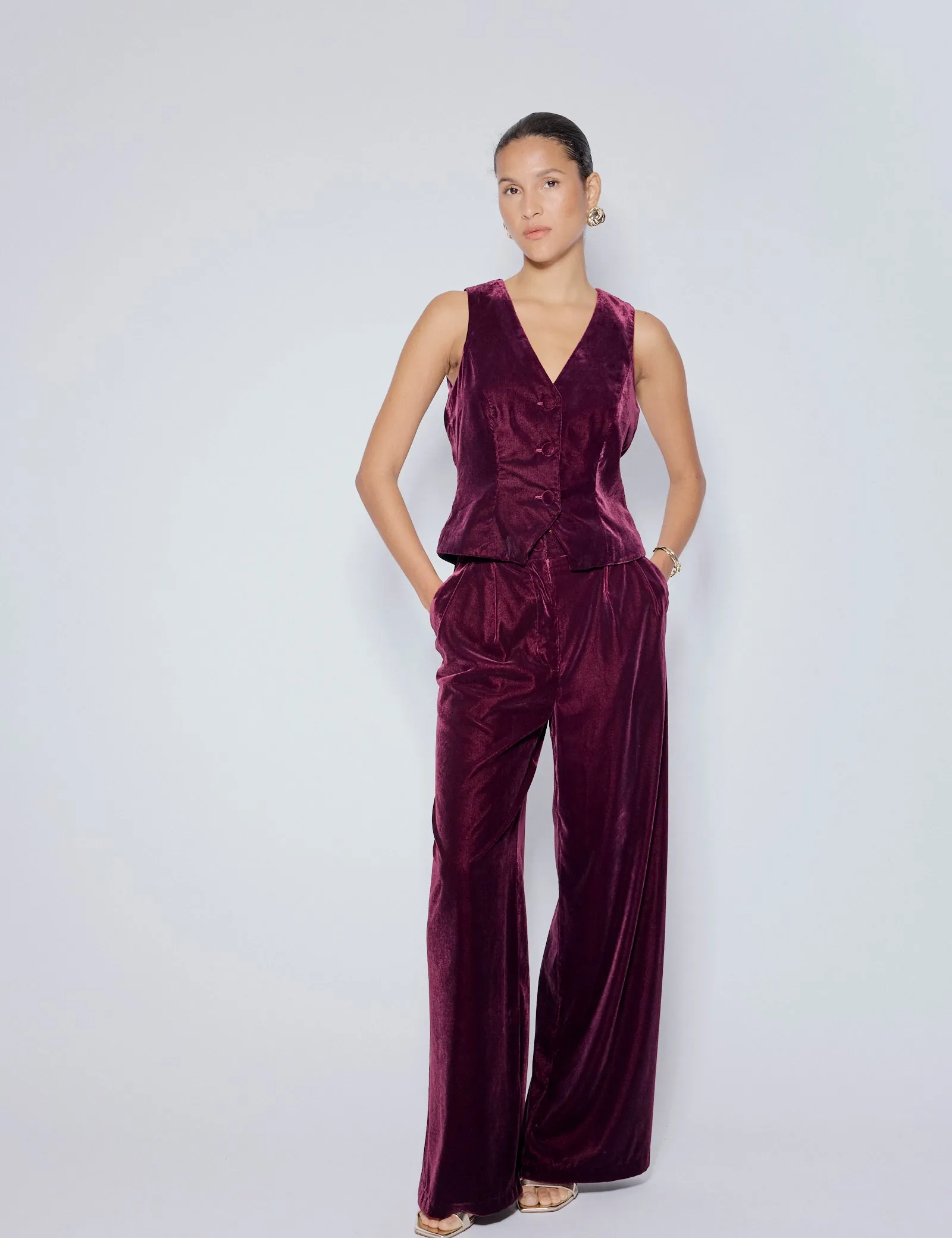 Burgundy Velvet Wide Leg Trousers sold by Nobody's Child