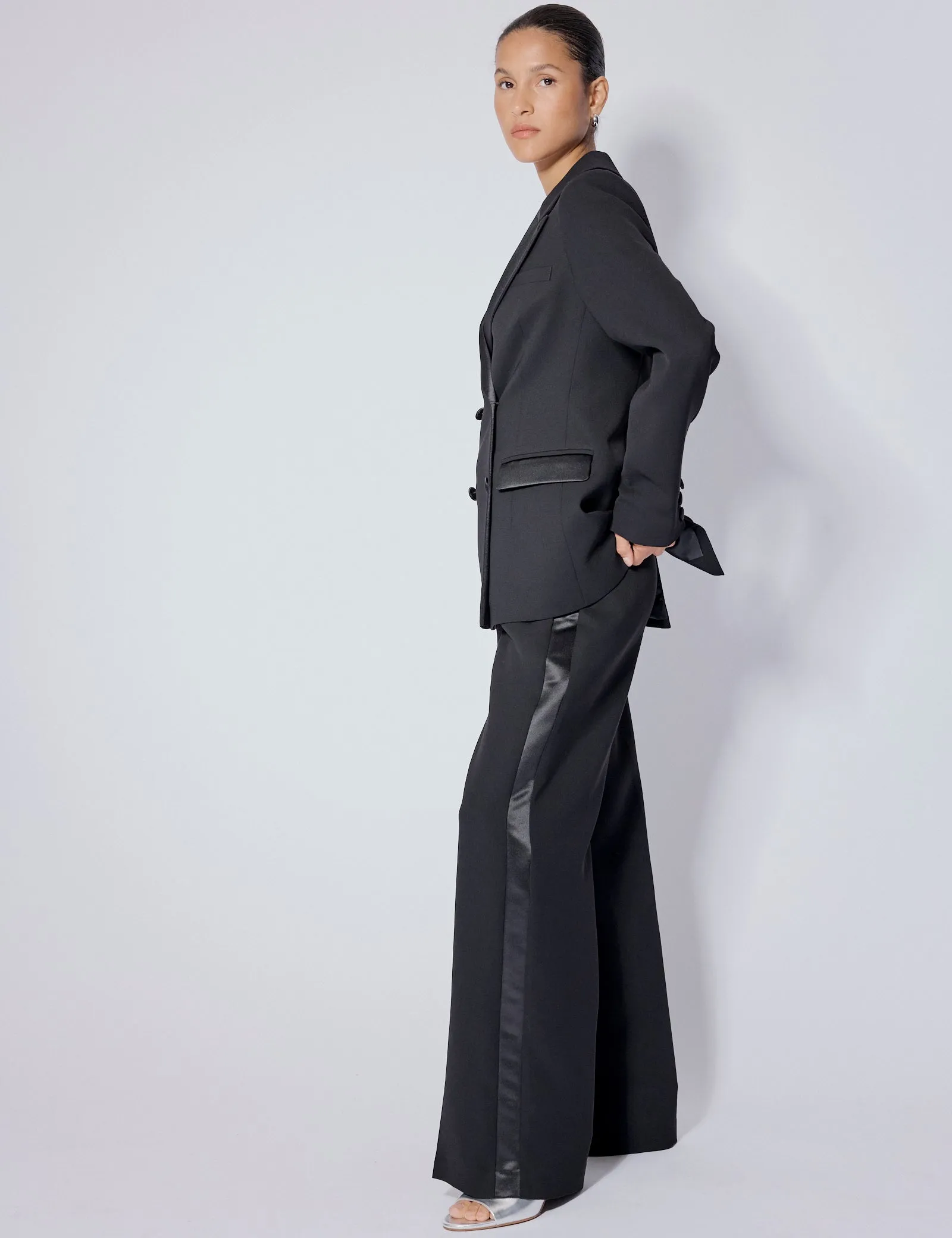 Black Tuxedo Wide Leg Suit Trousers sold by Nobody's Child product image thumbnail 4