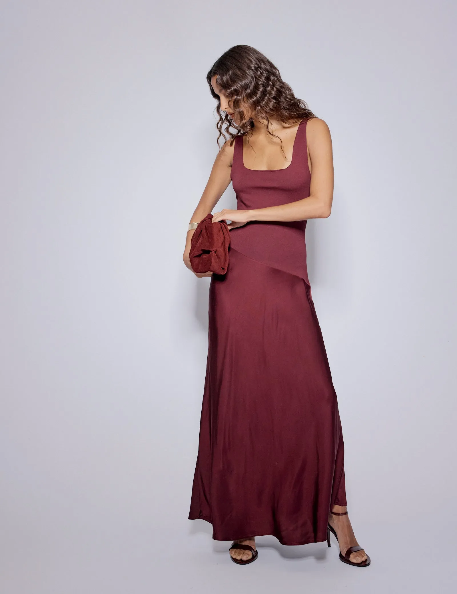 Burgundy Asymmetrical Drop Waist Valentina Midi Dress sold by Nobody's Child product image thumbnail 4