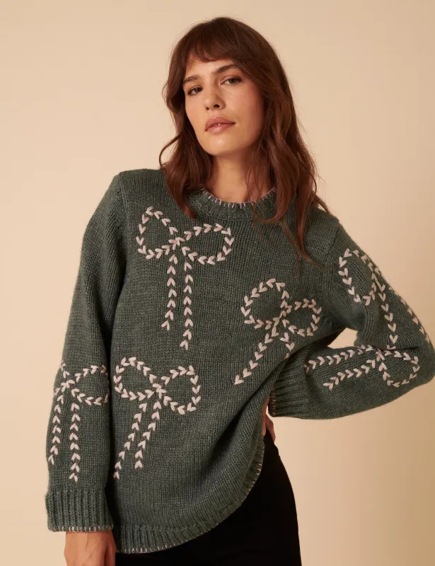 Green Bow Embroidered Knitted Jumper sold by Nobody's Child