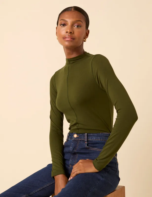 Khaki Long Sleeve High Neck Jersey Top sold by Nobody's Child