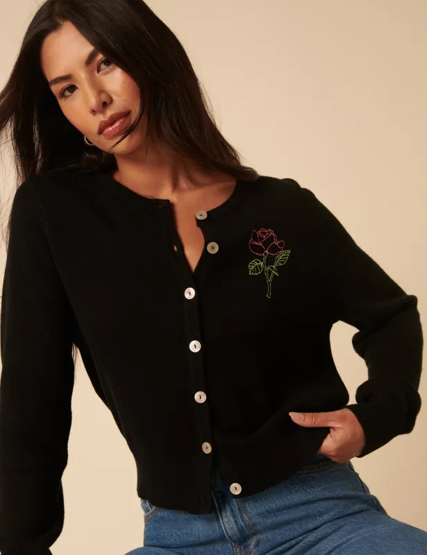 Black Flower Embroidered Cardigan sold by Nobody's Child