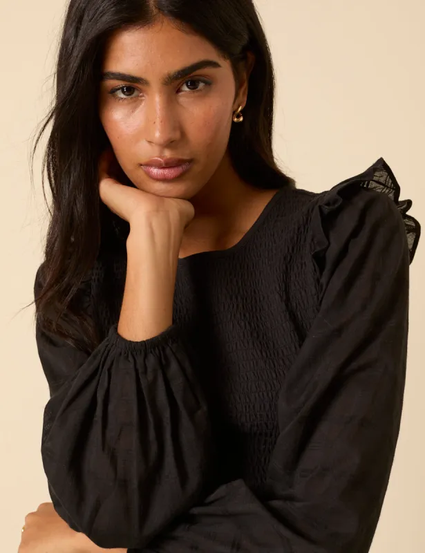 Black Balloon Sleeve Frill Top sold by Nobody's Child