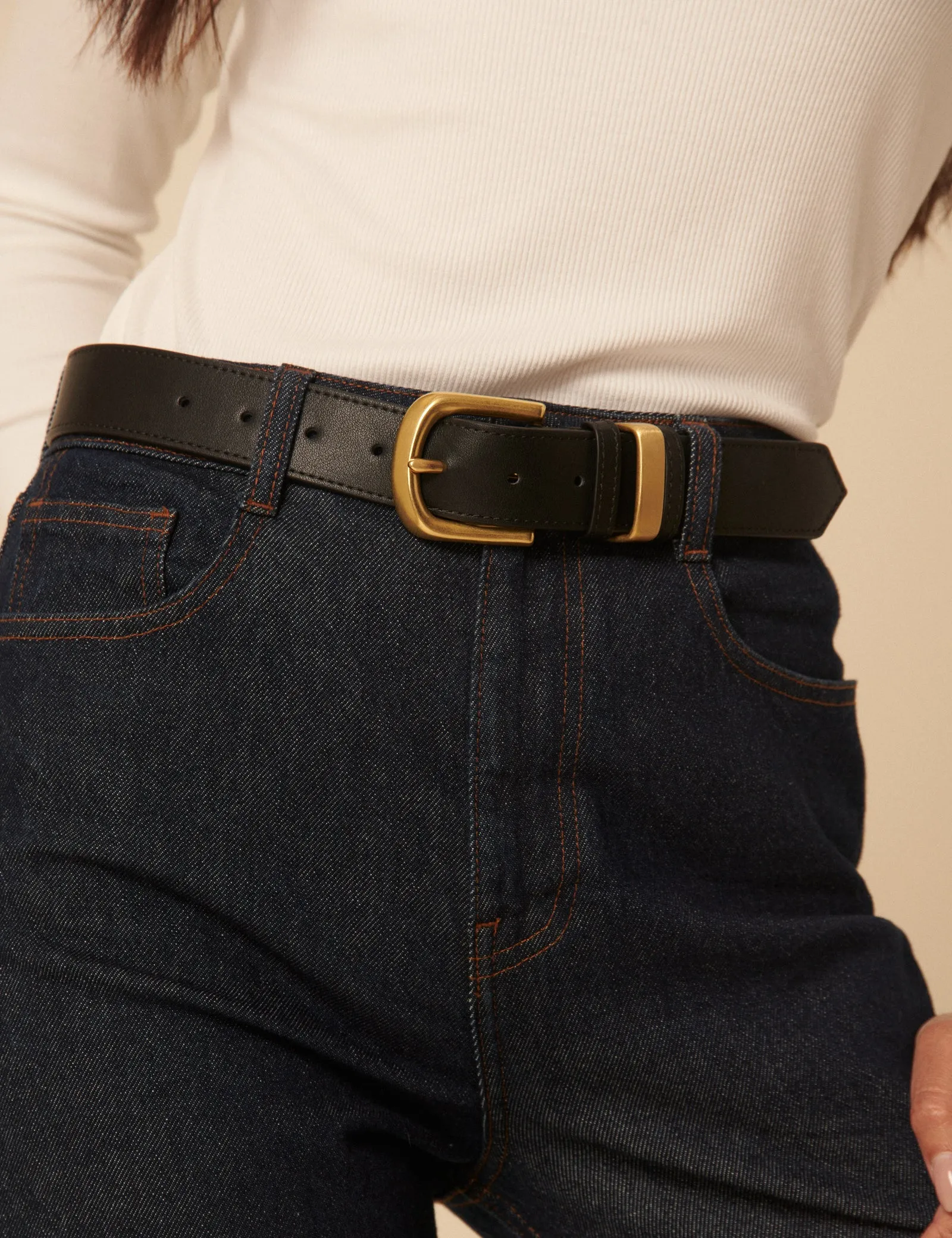 Black Gold Buckle Leather Belt sold by Nobody's Child product image thumbnail 5