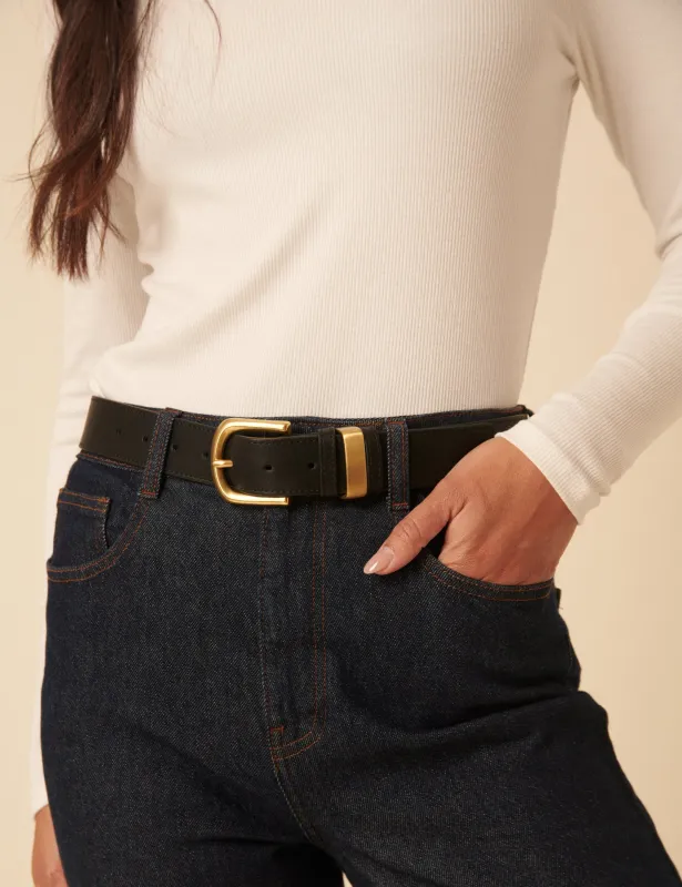 Black Gold Buckle Leather Belt sold by Nobody's Child