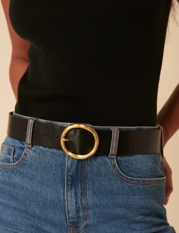 Black Gold Circular Buckle Leather Belt sold by Nobody's Child