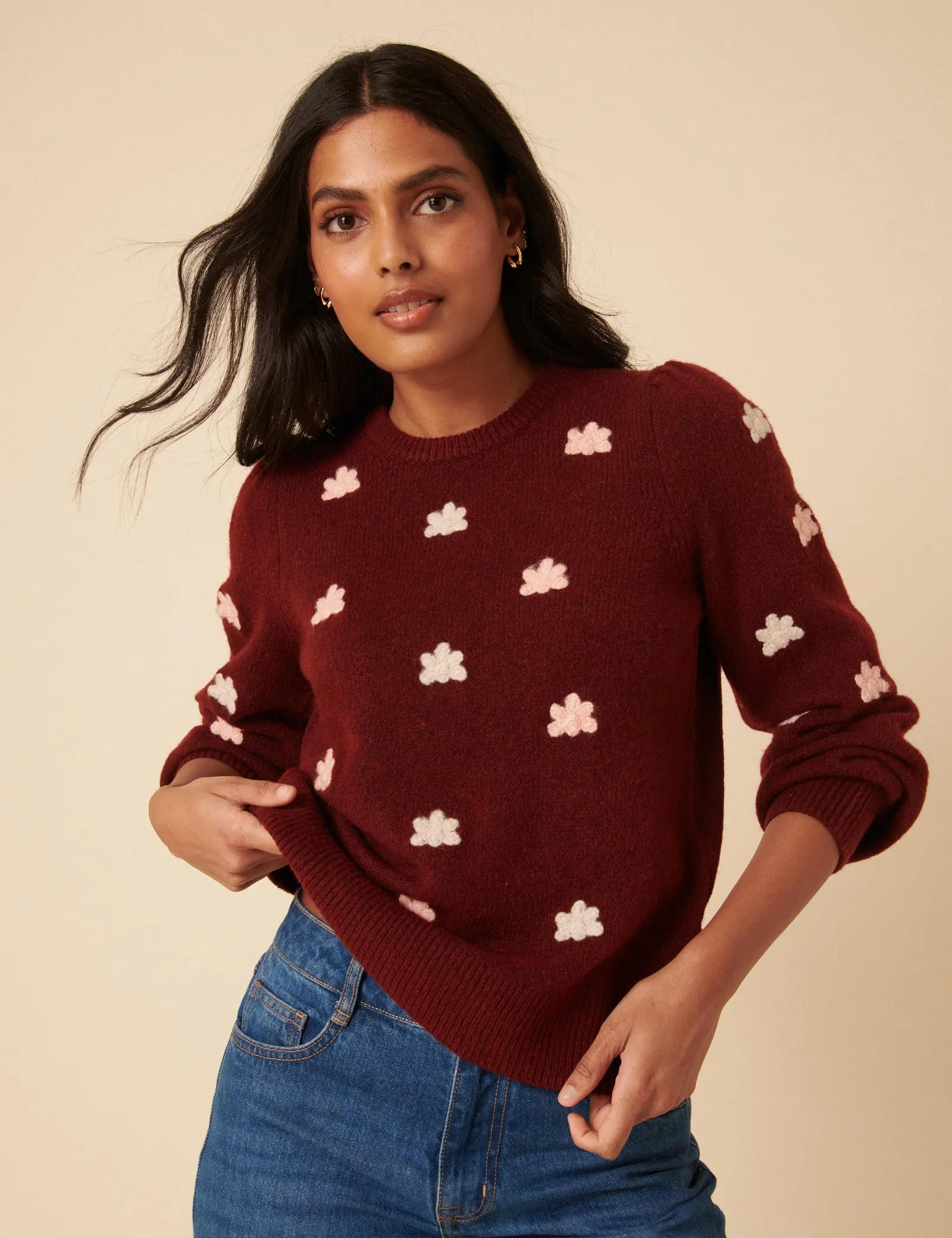 Burgundy Flower Embroidered Jumper sold by Nobody's Child