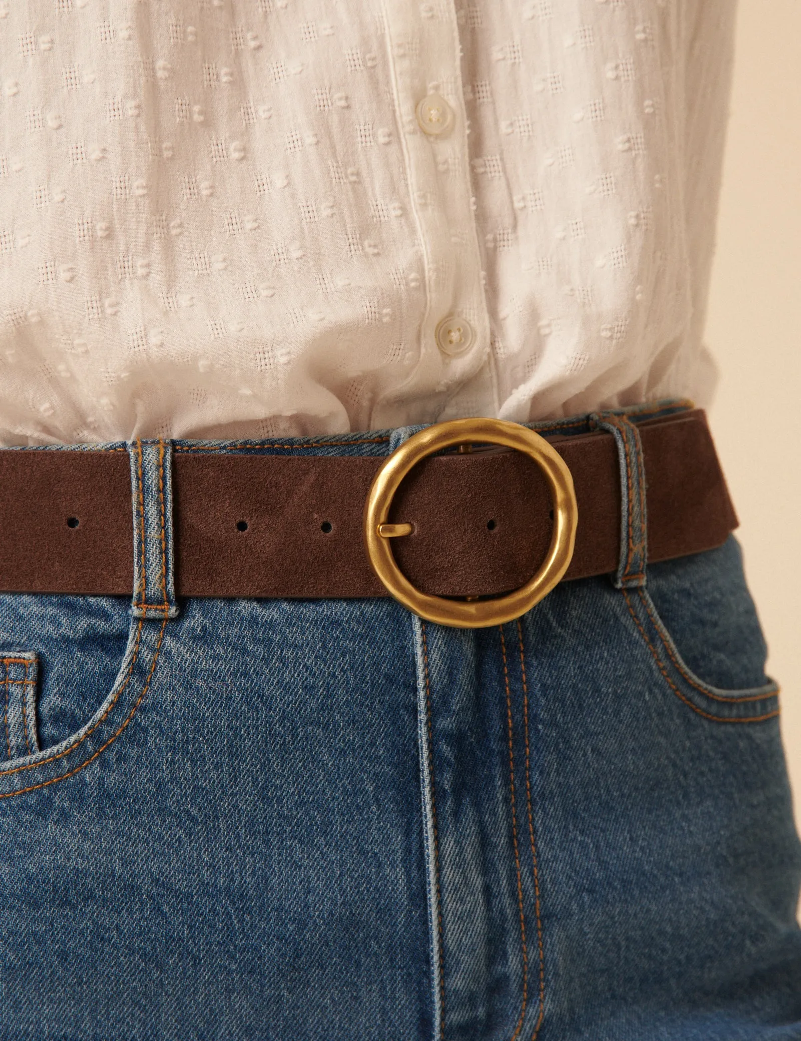 Brown Gold Circular Buckle Suede Belt sold by Nobody's Child product image thumbnail 4