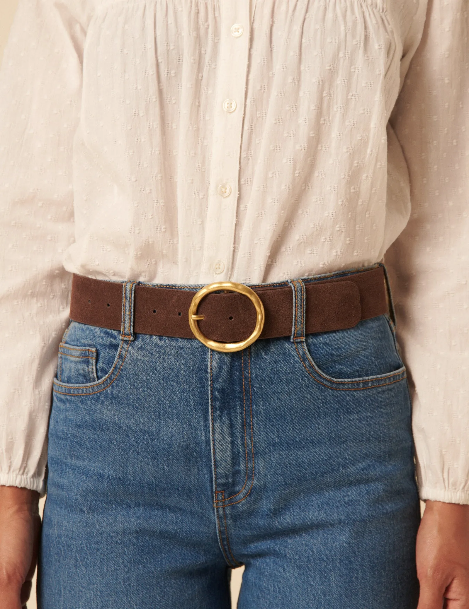 Brown Gold Circular Buckle Suede Belt sold by Nobody's Child product image thumbnail 2